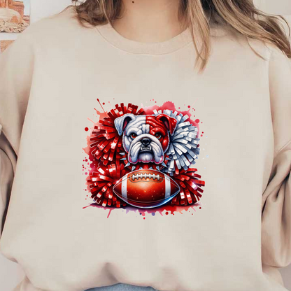 Una ilustración vibrante que presenta un bulldog entre pompones rojos y plateados, con un balón de fútbol en primer plano. Transferencias DTF