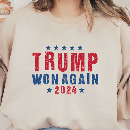 Bold and vibrant graphic celebrating the 2024 campaign with the message "Trump Won Again" in red, blue, and stars.DTF Transfers heat press transfersdtf regular iron