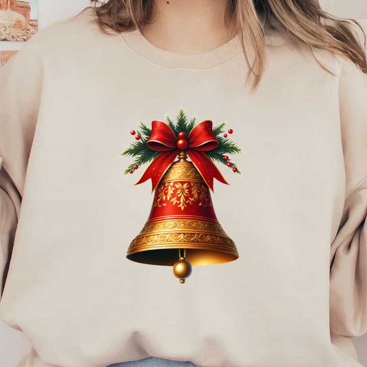 A beautifully ornate gold Christmas bell adorned with a festive red bow, holly, and pine accents. heat press transfers