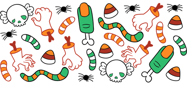 Colorful Halloween-themed illustration featuring spooky skulls, worms, and candy.UV Transfers