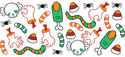 Colorful Halloween-themed illustration featuring spooky skulls, worms, and candy.UV Transfers