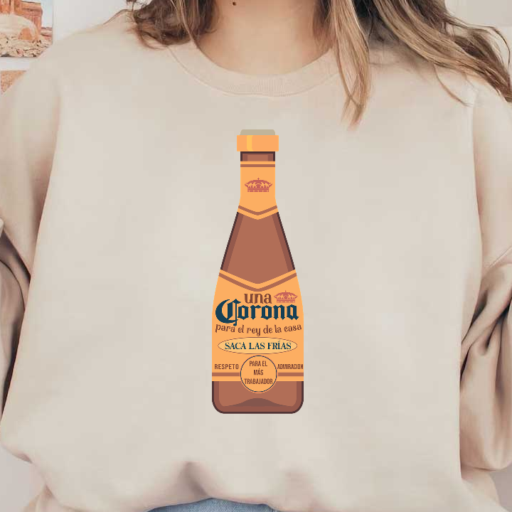 A stylized, illustrated bottle of Corona beer featuring a message of respect and admiration for hard workers.DTF Transfers