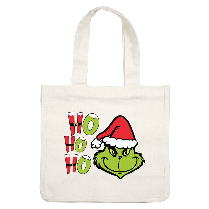 Celebrate the season with this playful Grinch design, featuring a mischievous smile and festive "Ho Ho Ho" lettering!DTF Transfers heat press transfersdtf regular iron