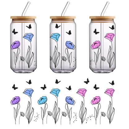 A charming illustration of colorful flowers in shades of blue and pink, adorned with delicate butterflies.UV Transfers dtf transfersdtf regular iron