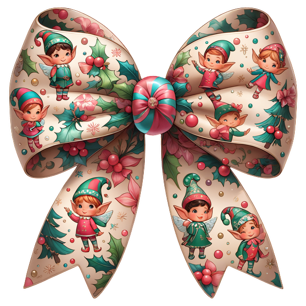 This whimsical Christmas bow features playful elves and festive holly, perfect for adding charm to holiday decorations.