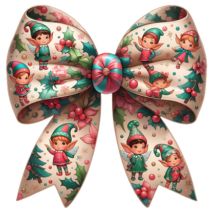 This whimsical Christmas bow features playful elves and festive holly, perfect for adding charm to holiday decorations.