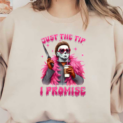 A humorous graphic featuring a character in a pink fur coat, sunglasses, and a knife, holding a beverage with playful text.dtf regular iron