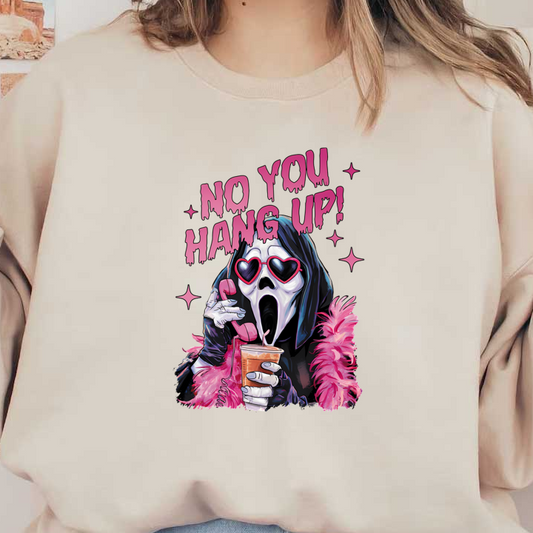 Un gráfico divertido y peculiar que presenta un personaje espeluznante con gafas de sol en forma de corazón que sostiene una bebida y un teléfono retro, con un texto divertido.