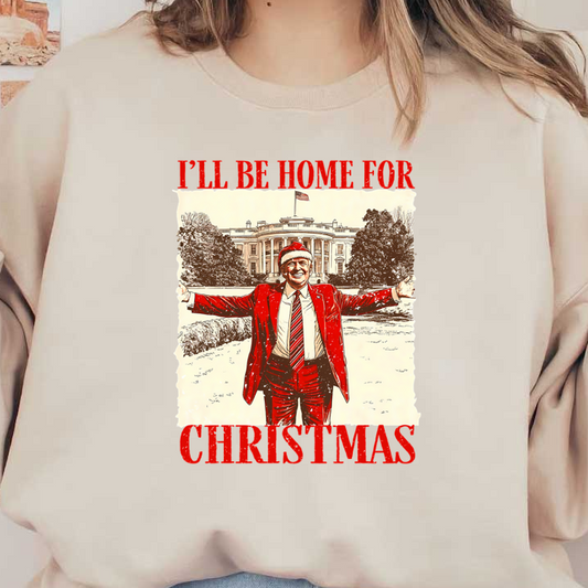 A festive illustration featuring a character in a red suit and Santa hat, with the White House backdrop and a holiday message.DTF Transfers dtf prints