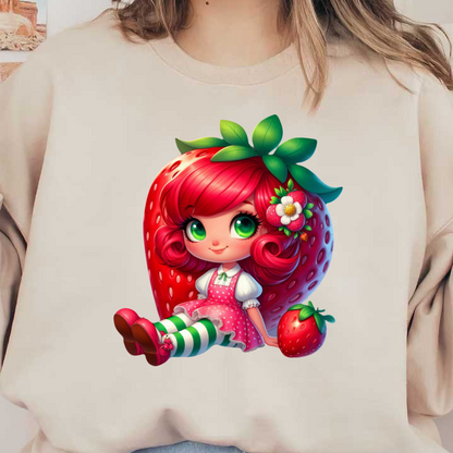 A cute, whimsical character with vibrant red hair, dressed in a pink polka-dot dress and striped green stockings, sits beside a strawberry.DTF Transfers