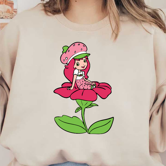 This charming cartoon character sits on a vibrant pink flower, dressed in a strawberry-themed outfit and a cheerful cap.DTF Transfers