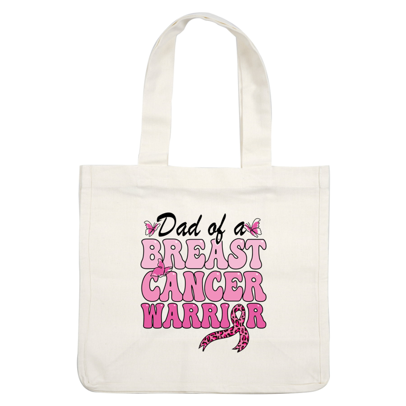 Bold "Breast Cancer Warrior" design in pink, featuring butterflies and a pink leopard print ribbon, symbolizing strength and awareness. heat press transfers