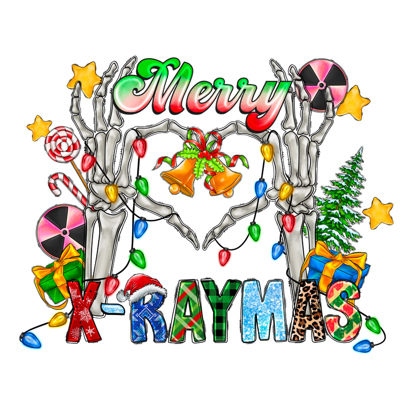 Celebrate the season with this playful "Merry X-Raymas" graphic featuring festive skeleton hands, holiday gifts, and cheerful decorations!DTF Transfers dtf prints