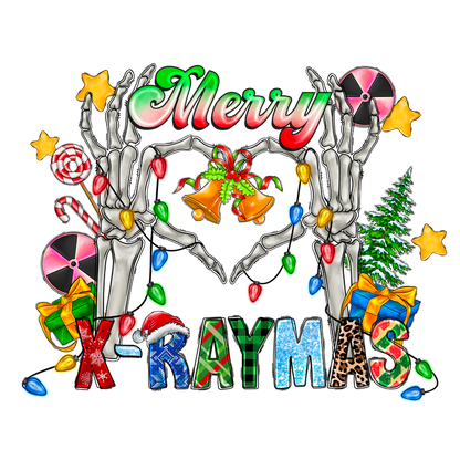 Celebrate the season with this playful "Merry X-Raymas" graphic featuring festive skeleton hands, holiday gifts, and cheerful decorations!DTF Transfers dtf prints