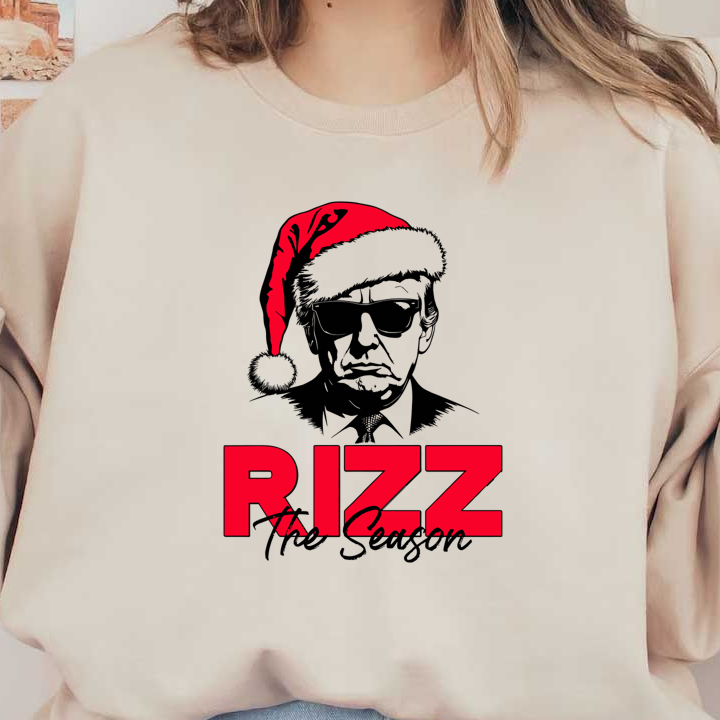 A bold graphic featuring a stylized figure in a red Santa hat, paired with the bold title "RIZZ the Savior" in striking red.DTF Transfersdtf regular irondtf regular iron