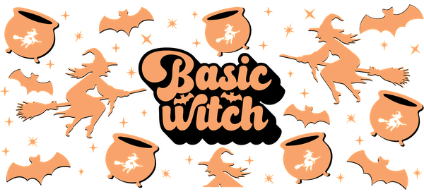 Celebrate Halloween with this whimsical "Basic Witch" design featuring witches, cauldrons, and bats in playful, warm tones.UV Transfers heat press transfers