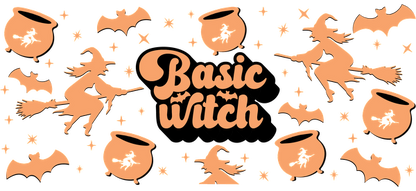 Celebrate Halloween with this whimsical "Basic Witch" design featuring witches, cauldrons, and bats in playful, warm tones.UV Transfers heat press transfers