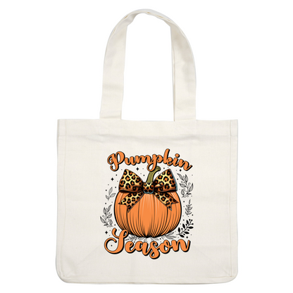 Embrace the fall with this stylish pumpkin illustration featuring a leopard print bow and the phrase "Pumpkin Season." dtf prints