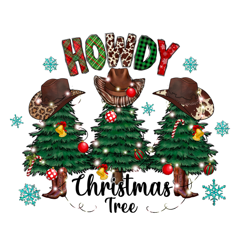 Festive holiday design featuring three decorated Christmas trees wearing cowboy hats, surrounded by snowflakes and cheerful "Howdy Christmas" text.DTF Transfersdtf regular iron dtf prints