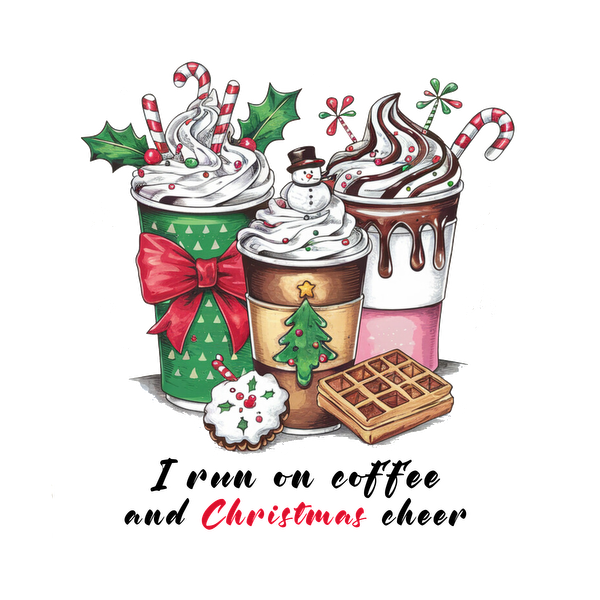 Festive holiday drinks adorned with whipped cream, candy canes, and decorations, accompanied by cookies and a waffle, perfect for Christmas! heat press transfers