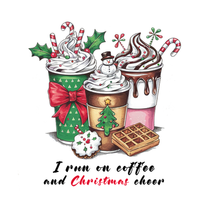 Festive holiday drinks adorned with whipped cream, candy canes, and decorations, accompanied by cookies and a waffle, perfect for Christmas! heat press transfers