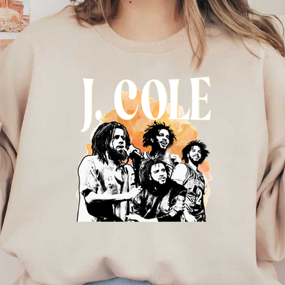 A vibrant graphic featuring various artistic representations of J. Cole, highlighted against a warm, colorful background.DTF Transfersdtf regular iron