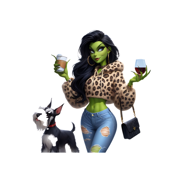 A stylish character in a leopard print hoodie and ripped jeans, holding drinks, accompanied by a playful dog.DTF Transfers dtf prints