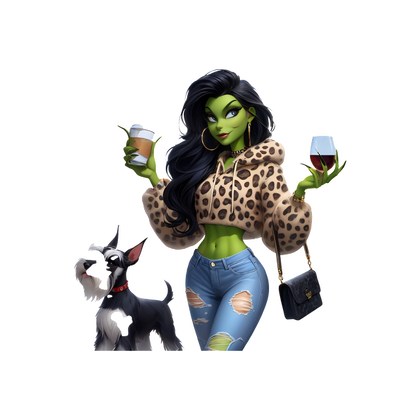 A stylish character in a leopard print hoodie and ripped jeans, holding drinks, accompanied by a playful dog.DTF Transfers dtf prints