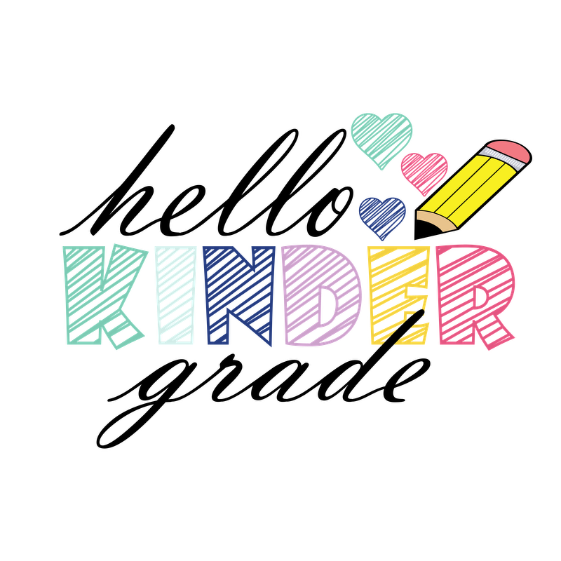 A vibrant logo featuring the word "KINDER" in multicolored letters, embellished with hearts and a cheerful pencil illustration.DTF Transfers