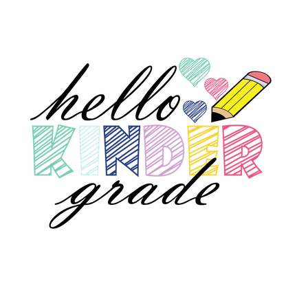 A vibrant logo featuring the word "KINDER" in multicolored letters, embellished with hearts and a cheerful pencil illustration.DTF Transfers