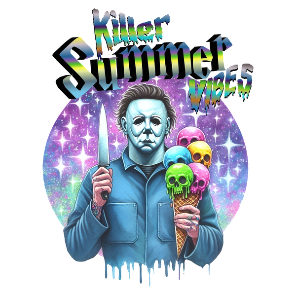 A vibrant graphic featuring a masked character holding an ice cream cone with colorful skulls, captioned "Killer Summer Vibes." dtf transfers