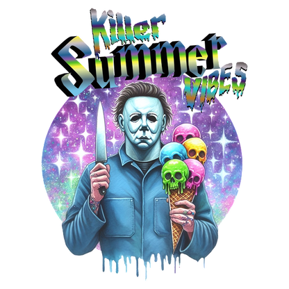 A vibrant graphic featuring a masked character holding an ice cream cone with colorful skulls, captioned "Killer Summer Vibes." dtf transfers