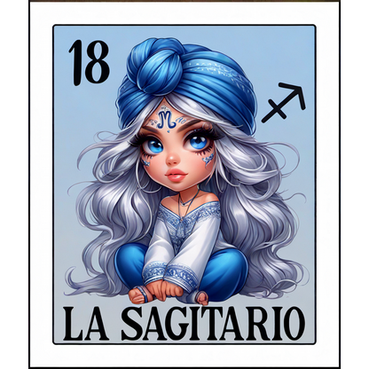 Una ilustración caprichosa de una niña con cabello largo y plateado que usa un turbante azul y un atuendo tradicional, que representa a Sagitario.