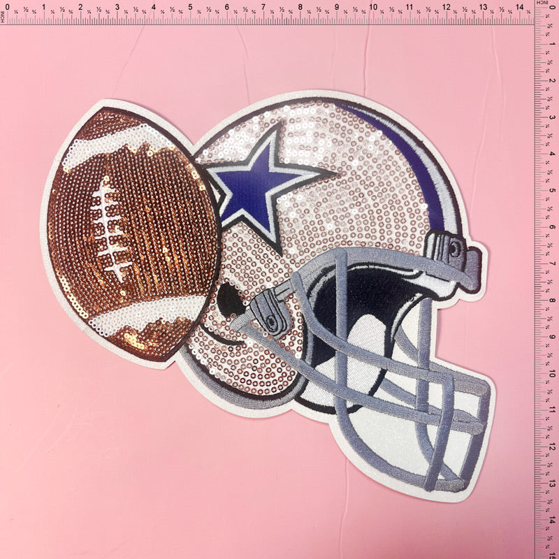 Shiny sequined patch featuring a football helmet and football, perfect for adding sporty flair to clothing or accessories.Patches