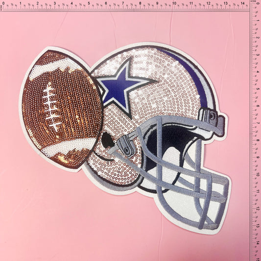 Shiny sequined patch featuring a football helmet and football, perfect for adding sporty flair to clothing or accessories.Patches