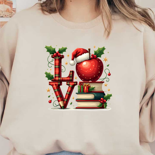 Festive illustration featuring plaid letters spelling "LOVE," stacked books, an apple wearing a Santa hat, and holiday decorations.DTF Transfers