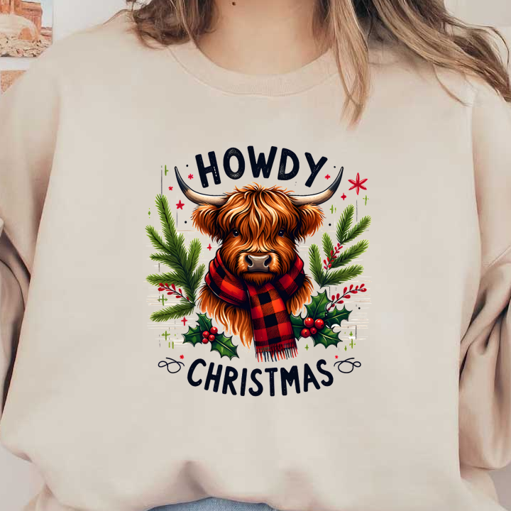 A cheerful illustration of a Highland cow wearing a red and black scarf, surrounded by festive greenery and holiday cheer. dtf prints