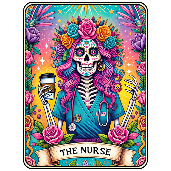 A vibrant, colorful illustration of a skeletal nurse adorned with flowers, holding a coffee, celebrating Día de los Muertos. heat press transfers