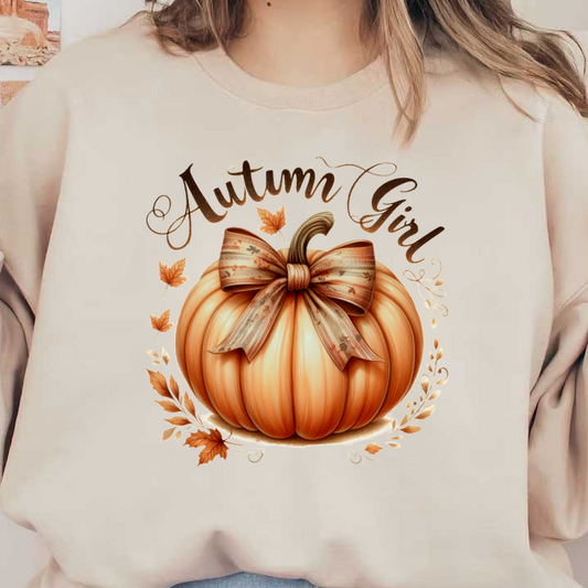 Encantadora ilustración con temática otoñal que presenta una calabaza decorativa adornada con una cinta, rodeada de hojas y el texto "Autumn Girl".