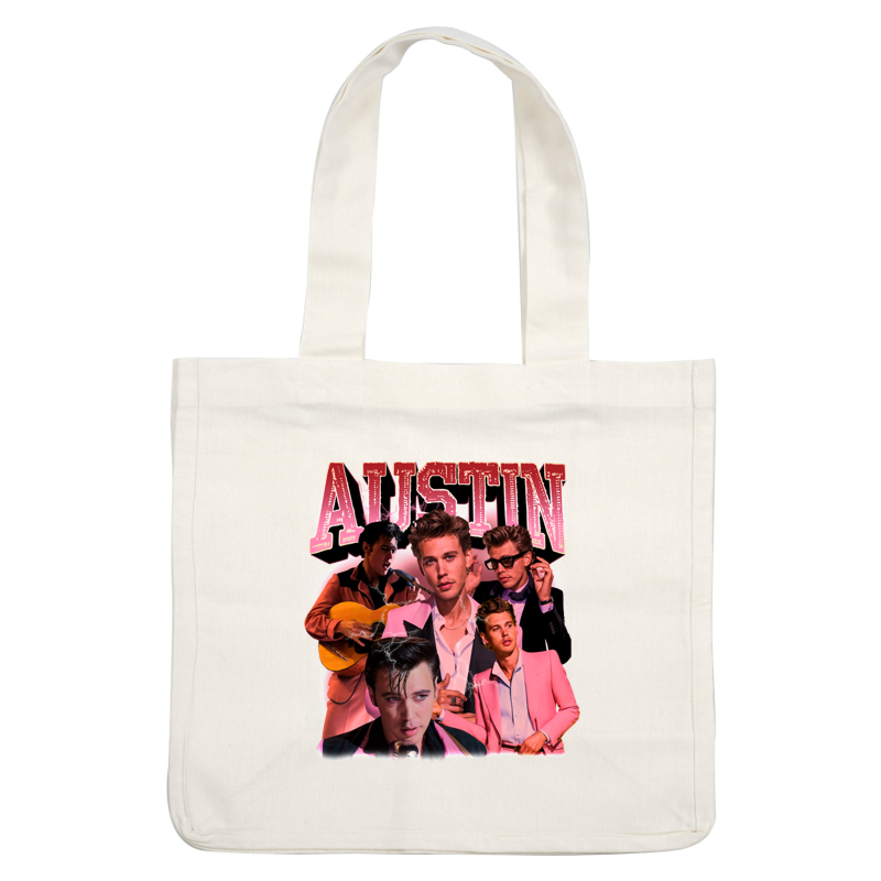 Un collage vibrante que presenta a un joven con un estilo retro, que muestra música y carisma con un audaz titular que dice "AUSTIN". Transferencias DTF