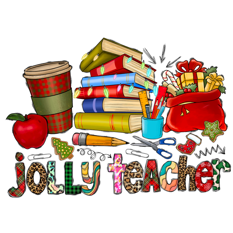 A festive illustration featuring a stack of colorful books, a coffee cup, school supplies, and holiday elements, labeled "jolly teacher."DTF Transfersdtf regular iron dtf transfers