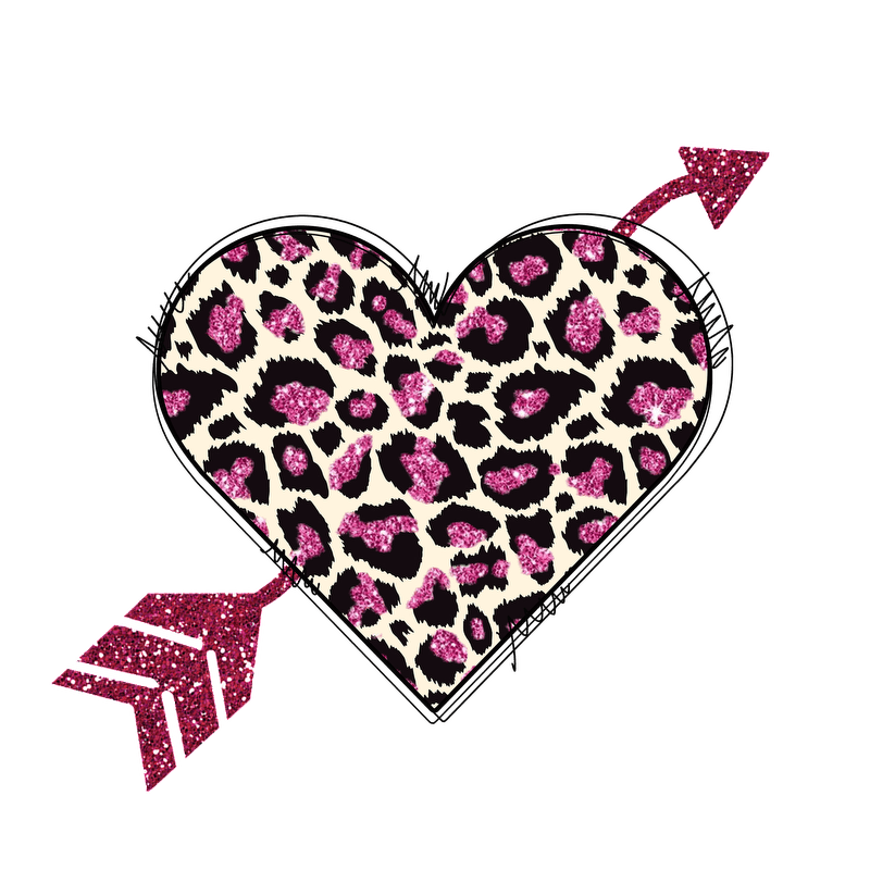 A playful, leopard print heart design adorned with sparkling pink accents and an arrow, blending style and fun seamlessly.DTF Transfers