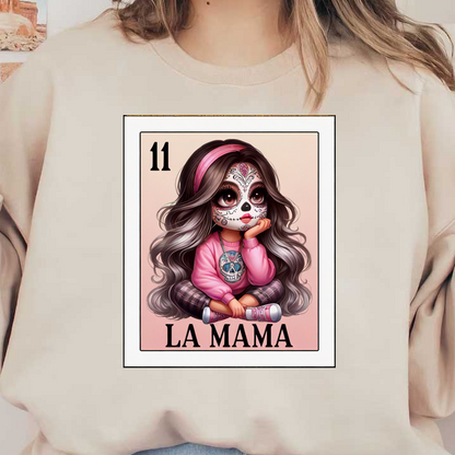 Una linda y estilizada ilustración de una niña con un diseño de cara de calavera de azúcar, vistiendo un suéter rosa y pantalones a cuadros.