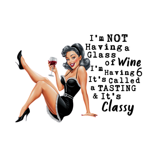 Una divertida ilustración estilo pin-up de una mujer con un vestido negro, disfrutando de una copa de vino con una cita ingeniosa.