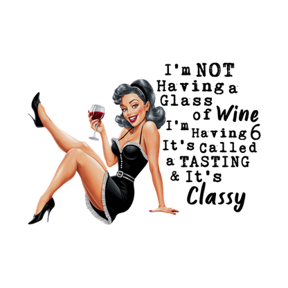 Una divertida ilustración estilo pin-up de una mujer con un vestido negro, disfrutando de una copa de vino con una cita ingeniosa.