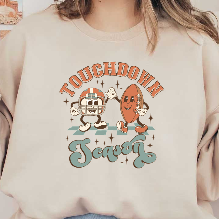 Celebrate football fun with a playful design featuring a smiling football and helmet, declaring "Touchdown Season!" dtf prints