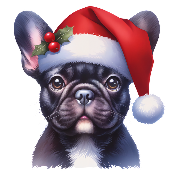 Un encantador bulldog francés negro con un festivo gorro rojo de Papá Noel adornado con acebo y bayas, ¡perfecto para el espíritu navideño!