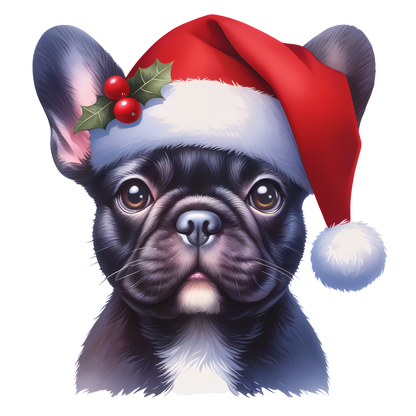 Un encantador bulldog francés negro con un festivo gorro rojo de Papá Noel adornado con acebo y bayas, ¡perfecto para el espíritu navideño!