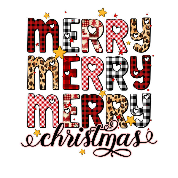 Festive "Merry Christmas" design featuring vibrant, patterned letters and playful stars, perfect for holiday cheer and celebrations.dtf regular iron