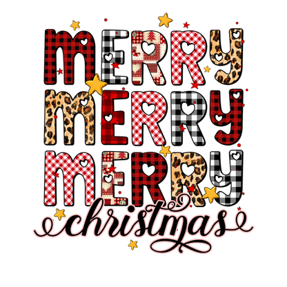 Festive "Merry Christmas" design featuring vibrant, patterned letters and playful stars, perfect for holiday cheer and celebrations.dtf regular iron